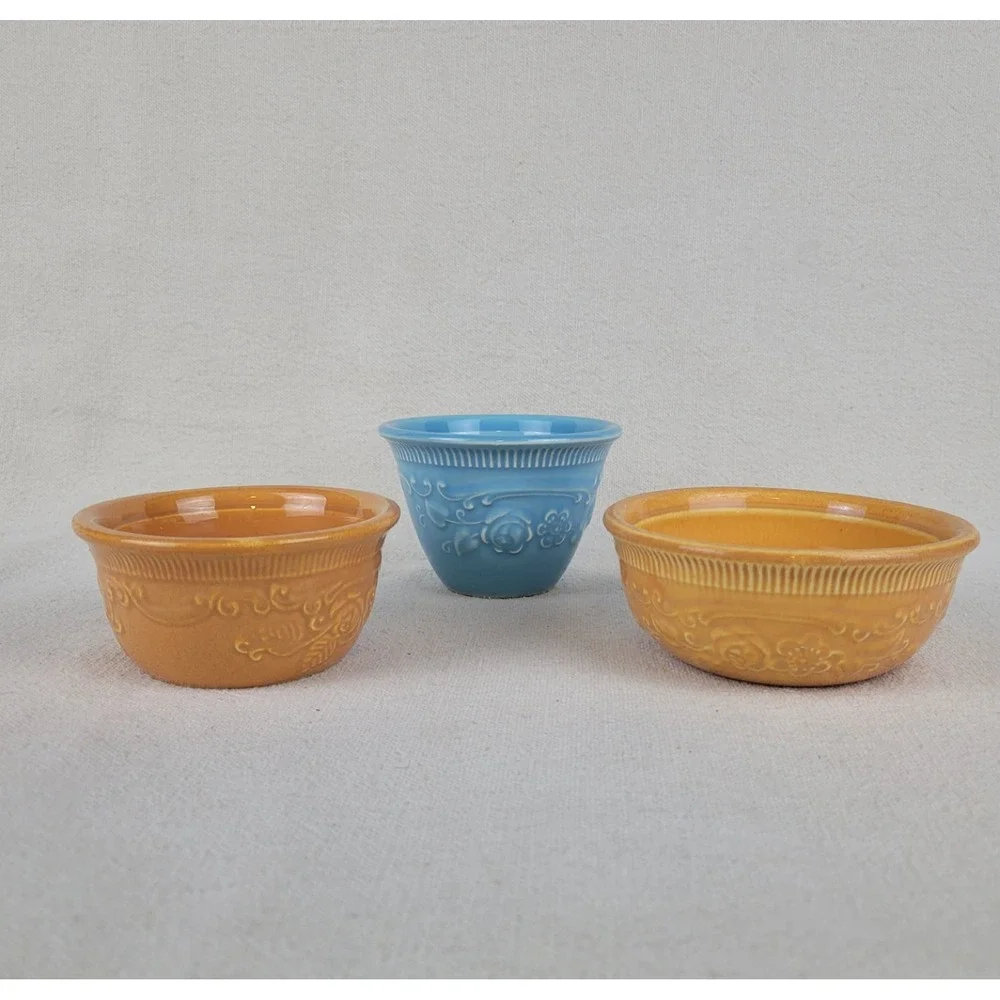 Vintage Homer Laughlin Oven Serve Ceramic Ramekin Custard Set Floral Embossed‎